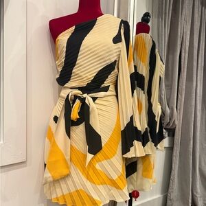 Milly One-Shoulder Pleated Midi Dress in Black, Yellow, and Cream